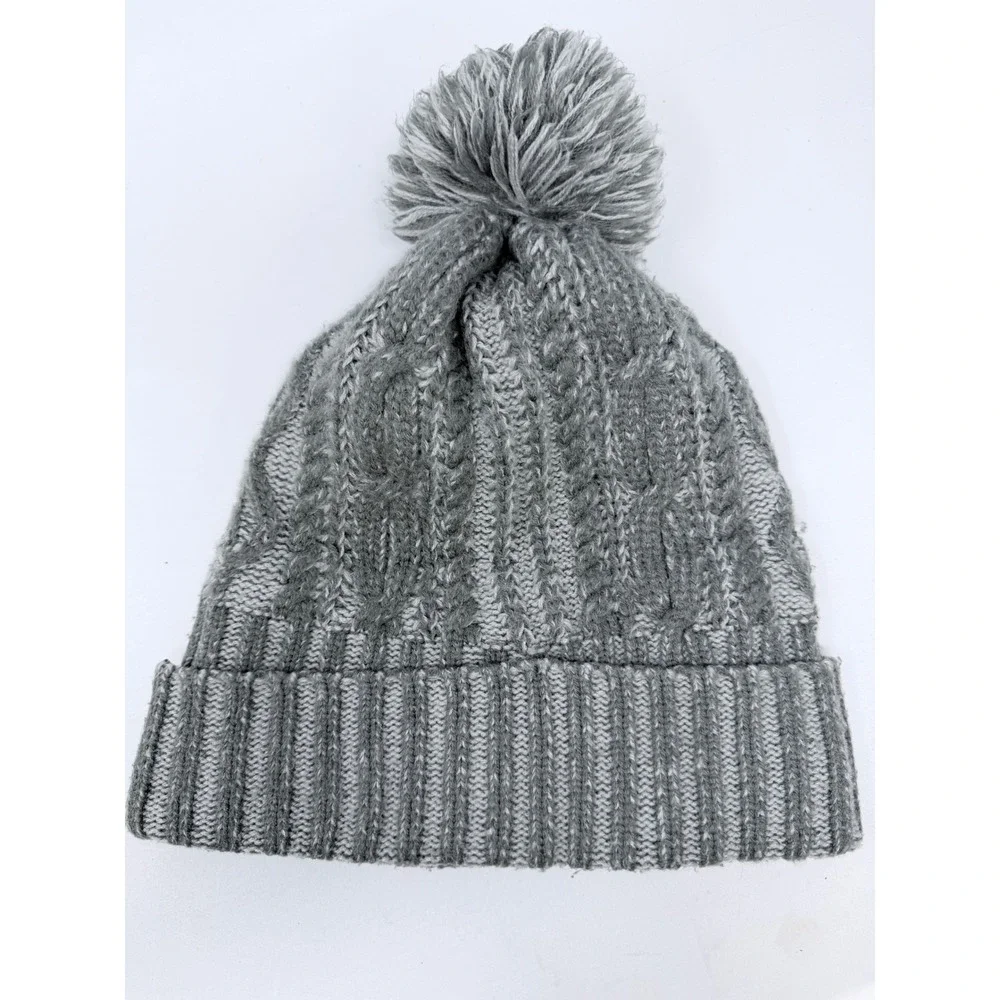 Columbia Grey Cable Knit Beanie Pom Pom Fleece Lined Winter Hat Mens Womens